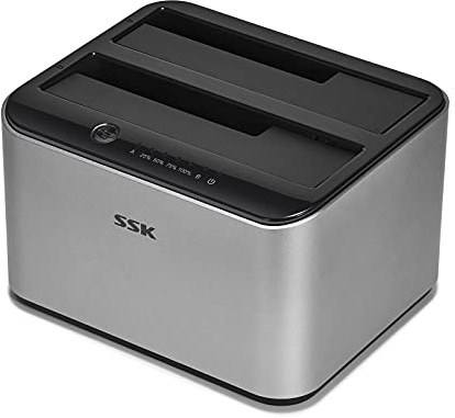 SSK Aluminum Hard Drive Docking Station, USB 3.0 to SATA Dual Bay External HDD Dock Caddy Reader for 2.5 & 3.5 inch SATA HDD SSD, with UASP Offline Cloner/Duplicator Function(2x16TB Supports)