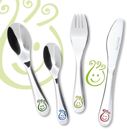 Koru Kids® Kinderbesteck Smiley – 4-teiliges Set – aus rostfreiem Edelstahl – Esslernbesteck - spülmaschinengeeignet – Kinder Besteck – für Kinder ab 3 Jahren