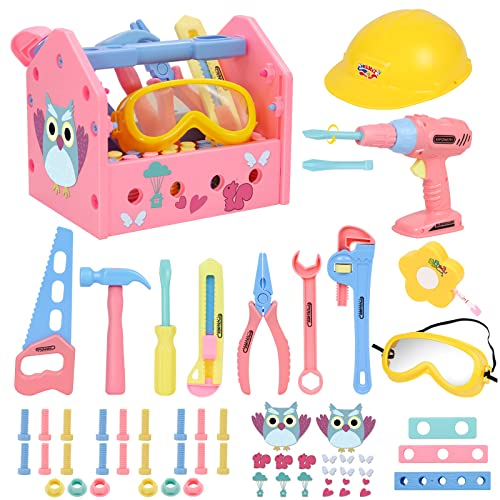 Werkzeugkoffer Kinder Werkzeug Set,Gifts2U Kinderspielzeug Spielzeugbohrer Baukappe Schutzbrille Werkzeugkasten Maßband Montessori Junge Mädchen Lernspielzeug Kinderwerkzeug 3 4 5 6 Jahre