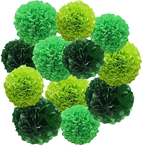 12pcs Paper Pom Poms Tissue Flower Kit - 10in 12in Green Hanging Balls for Wedding Party Decorations - DIY Art Craft Blooms for Birthday Baby Shower Nursery Decor