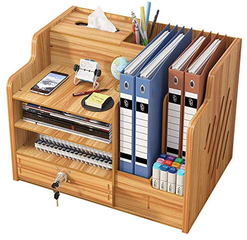 Schreibtisch-Organizer aus Holz mit Schublade, großes Fassungsvermögen, Schreibtisch-Organizer, A4-Papier-Dokumentensortierer, DIY-Bürobedarf, Aufbewahrungsbox für Zuhause(JB07-2 Kirschholz)