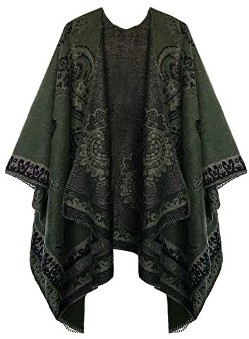 EXCHIC Damen Warm Offene Front Strick Schals und Wraps Floral Elegante Cardigans Poncho Cape Coat Mantel (Dunkelgrün-25)