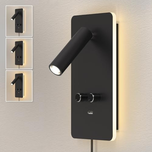 HYMELA M04 Dimmbare Wandleseleuchte, einstellbare 1W-6W LED-Leselampe mit Hintergrundbeleuchtung, Wandleuchten mit USB-Anschluss, Nachttisch-Wandleuchte (Schwarz)