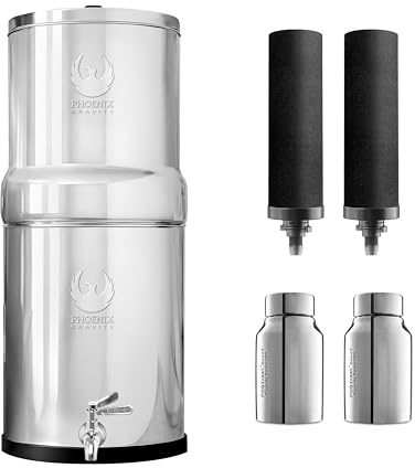 PHOENIX GRAVITY 8 Litre NSF Certified AISI 304 Stainless Steel Water Filter with 2 Smart Carbon (Black) Filters, 2 POSTreat Steel Fluoride Removal Elements, Free Water Tap (8 L)