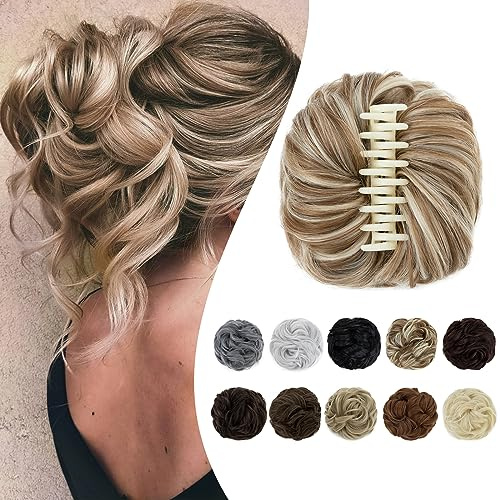 Elailite Haarteil mit Klammer Haar Dutt Haarteile Haardutt Haargummi mit Haaren #27H613 Sandbraun/Hellblond Haarverlängerung mit Gummiband Clip Bun (Kaliber 15cm)