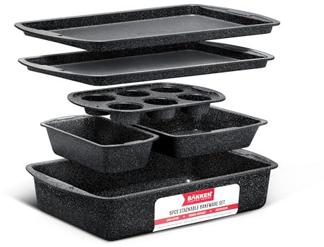 Bakken Swiss – Backformen-Set – 6-teilig – stapelbar, Deluxe, antihaftbeschichtete Backformen für professionelle und heimische Küche – Karbonstahl, graue Beschichtung