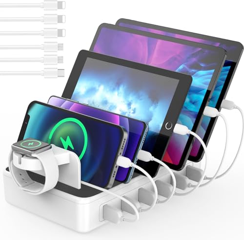 AICKXON Organizador de estación de Carga USB de 50W 6 Puertos para múltiples Dispositivos, Estación Carga Multidispositivo, Compatible con teléfonos tabletas y Otros Dispositivos, Blanco