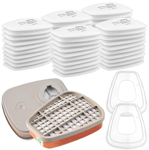 6001 Rechange Filtres de Protection Respiratoire Réutilisable Kit, 50 Cotons Filtrants, pour Filtration Purifier, Face Protection, Compatible 6100/6200 / 7501/7502 / 6502/6800 Blanc