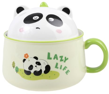 lachineuse Asiatisk panda ramenskål - porslin - pandamönster - 1 020 ml - med lock och bestick - frukostskål, soppa, ris, snabbnudlar - Asien Japan Kina presentidé - grön