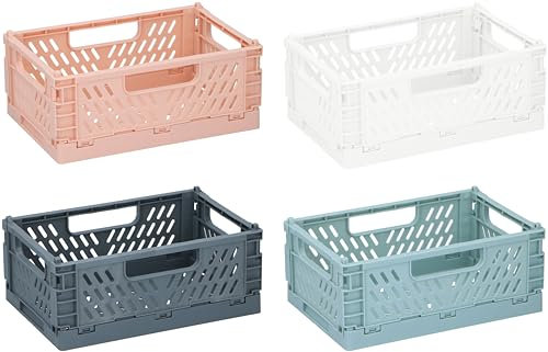 Pack of 4 – Colourful Collapsible Storage Crates Stackable Stacking Folding Foldable Baskets Boxes for Office Desktop Home Kitchen Bathroom Bedroom (Length: 22cm x Width: 14.5cm x Height: 9cm)