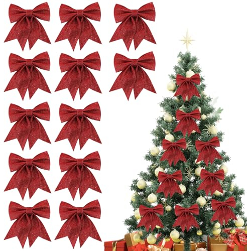 12 Stk Weihnachtsschleifen, 12x15cm Weihnachtsbaum-Schleife, Schleifen Weihnachten, Christmas Glitter Bows, Glitzer Weihnachtsbaumschmuck Deko, Geschenk Weihnachtsdeko Schleifes für Tannenbaum (Rote)