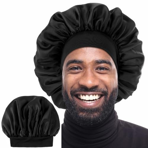 Dimeho Schlafmütze aus Satin für Herren Seidenhaube Silk Bonnet Haarhaube Mütze (DE/NL/SE/PL, Alphanumerisch, Einheitsgröße, L, Schwarz)