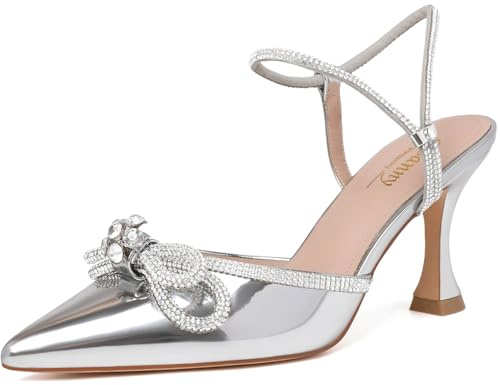 Susanny Silver Rhinestone Heels for Women Bow Heels Evening Party Ankle Strap Closed Toe Pumps Office Kitten Heels Dress Heeled Prom Shoes 8.5