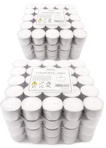 pajoma® Lot de 200 bougies chauffe-plat blanches non parfumées - Durée de combustion : 8 heures à 20 g de cire - 25 x 38 mm - Pour restaurant, mariage, décoration, fête, détente, extérieur, fête