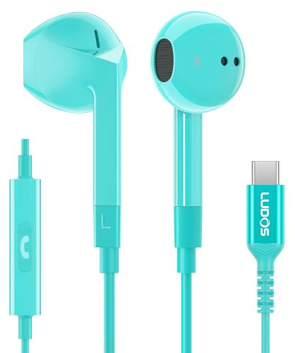 LUDOS FEROX USB C Kopfhörer, 5 Jahre Garantie für iPhone 16 15 Pro Max Plus Samsung Galaxy S24 S23 Ultra S22 S21 FE S20 A53 A54, USB Typ C Ohrhörer mit Mikrofon In-Ear mit Kabel für iPad Pro - Trkis