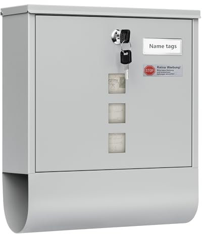 WOLTU Cassetta Postale da Esterno con 3 Finestre di Visualizzazione e Targhetta, Cassetta Lettere con Scomparto, Grigio, 30x9,5x33,5 cm