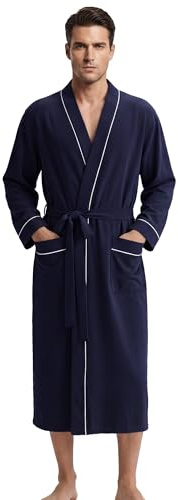 U2SKIIN Men's 100% Cotton Lightweight Robe, Soft Breathable Bathrobe with Pockets, Classic Kimono Spa Robe for Men（Navy,L/XL）