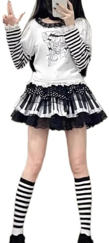 yssgtt Harajuku Womens High Waisted Mini Skirts Lace A line Elastic Waist Black and White Tiered Punk Short Skirt