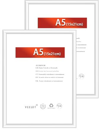 Veelot® 2x Marco de Fotos de Aluminio Metálico Plateado DIN A5 14.8x21cm,Plata Marco 15x21cm Para Fotos, Dibujos, Diplomas y Pósteres, Uso Vertical u Horizontal
