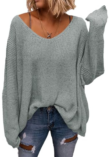Saodimallsu Maglione da Donna con Scollo a V, vestibilità Ampia, Maglia a Maniche Lunghe, Oversize, Grigio, S