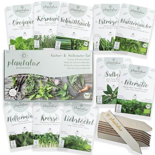 Plantaluz Bio Premium Saatgut Küchen- & Heilkräuter-Set – 10 Sorten aromatische Kräuter für Garten, Balkon & Hochbeet – inkl. Pflanzstecker – samenfest, ungebeizt, gentechnikfrei
