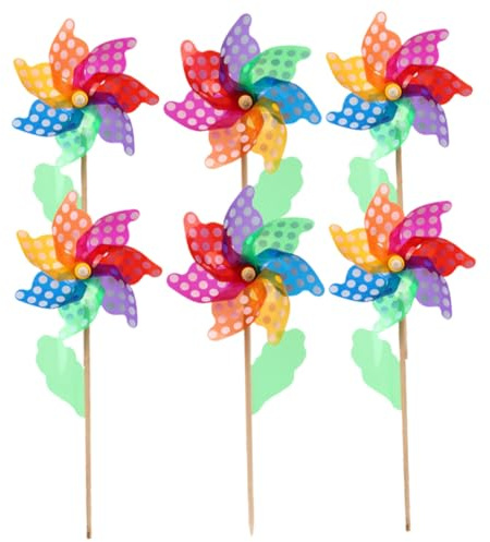 Levemolo 6 Piezas Molinillos de Viento Palos de Madera para Decoración de Jardín Fiestas Infantiles y Exterior Accesorios Divertidos para