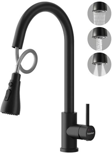 PUKANIUM Kitchen Tap Mixer with Pull Out Spray, Onyx Stainless Steel Kitchen Sink Taps 1 Hole with 3 Spray Modes, Pull Down Kitchen Mixer Tap Faucet with High Arc 360°Swivel