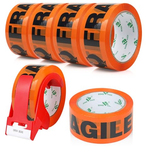 BOMEI PACK Fragile Orange Packing Tape 6Rolls 48mm x 66m with dispenser Durable Heavy Duty Packaging tape for Shipping Moving Boxes&Office Use -Strong Adheisve Parcel Tape for Cartons Mailing&Storage