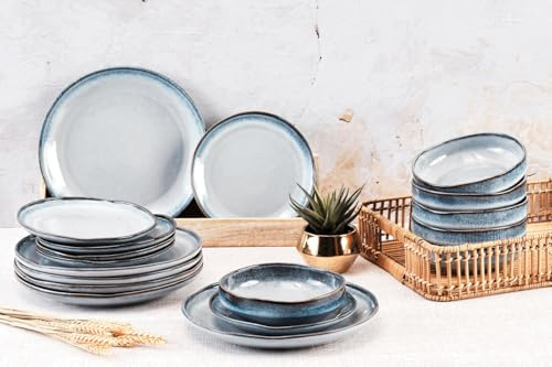 BJORN Service Vaisselle Les Essentiels GENESIS – Service de Table 6 Personnes en Grès Émaillé, Bols et Assiettes Design Artisanal, Collection MER