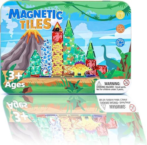 MEESHEEP Bloques de construcción magnéticos dinosaurios, 42 piezas, mini juego de viaje con caja de metal, juguete para niños a partir de 3 años