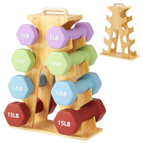 Reomdara Soporte para Mancuernas de Bambú, Soporte Compacto en Forma de A para Mancuernas de 3‑7 kg, Estante para Pesas Ahorra Espacio para Gimnasio en Casa, Garaje, Oficina con Asa Integrada