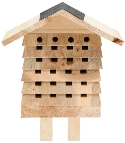 GeenYuu Bihotell av massiv gran 22 x 20 x 20 cm, väderbeständig med stapelbara bon, naturligt insektshus för trädgård och balkong, perfekt för röda murarbi och bladskärare-bin