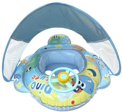 Flotteur de Natation pour bébé, flotteurs pour bébé en PVC avec auvent, Flotteur de Natation pour Tout-Petits avec Volant et Motif Dinosaure Dessin animé, Bleu, nage avec auvent