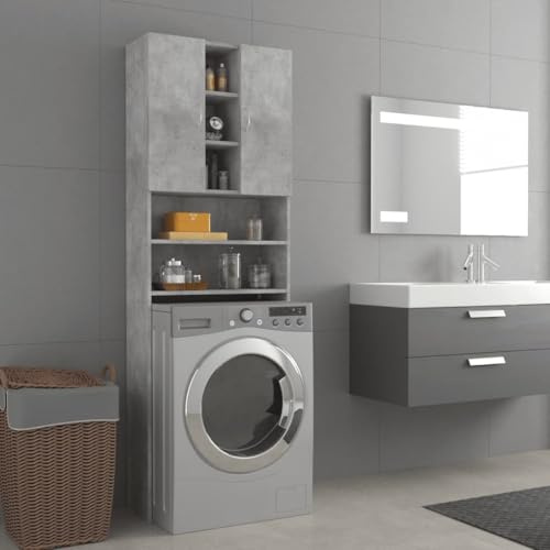 Utrymmesbesparande badrumsförvaringsskåp – 64 x 25,5 x 190 cm, betonggrå, med 2 dörrar och 9 fack, över toalett tvättmaskin, snygg träeffekt, perfekt för små utrymmen