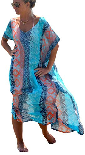 Bsubseach Costume da Bagno da Spiaggia in Chiffon con Spacco Laterale Blu da Donna, Bikini, Copricostume, Poncho Caftano