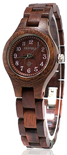 BEWELL Handgemachte Natürliche Hölzerne Uhren Für Damen Mode Uhr Analog Quarzwerk Armbanduhr Casual Stil für Frauen mit Hölzerne Armband(Rot)