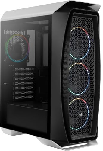 Aerocool Eclipse Mid Tower Case – Aero One PC Gaming Case 4 x 120mm ARGB Fans with 1-6 PC Fan Hub PWM Compatible, Mesh Front Tempered Glass Side Panel, Supports Liquid Cooling, Cables Included, White