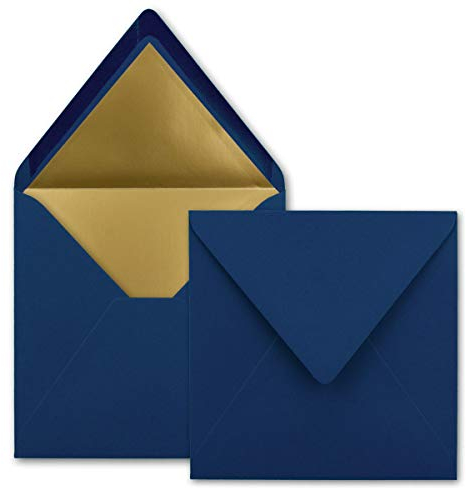 75 quadratische Brief-Umschläge - 15,5 x 15,5 cm, Dunkelblau (Blau) - mit Gold-Papier gefüttert - Nassklebung - FarbenFroh by GUSTAV NEUSER