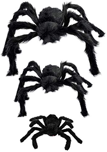 TRIXES 3 Black Spider Halloween Decorations - Hairy Furry Plush Spiders - Outdoor Party - Pranks for Adults - Haunted House Prop - Different Sizes - 3 PCS