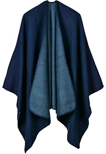 Lifetooler Frauen Poncho Open Front Winterstrickjacke Lady Wendeumhang Bedruckte übergroße Umhänge Karierte Strickdecke Tartan Decke Bohemia Geometrisches Muster Schal (Marineblau)
