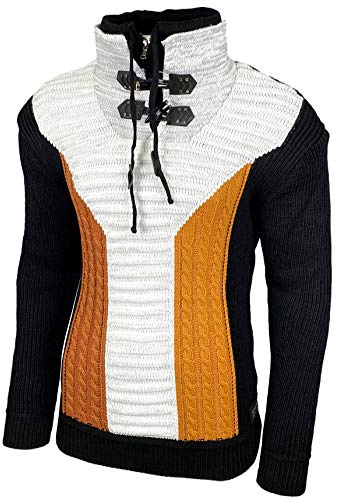 Maglione da uomo a maglia grossa, doppio colletto alto, giacca invernale per il tempo libero, motivo mélange, B-51113, Nero , S