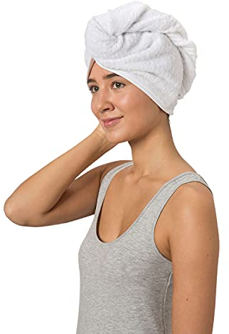 LIEBLINGS Ding Haarturban • Set 2 teilig • aus 100% Baumwolle mit Knopf • Schnelltrocknendes Haar Handtuch für Lange Haare • Weiss
