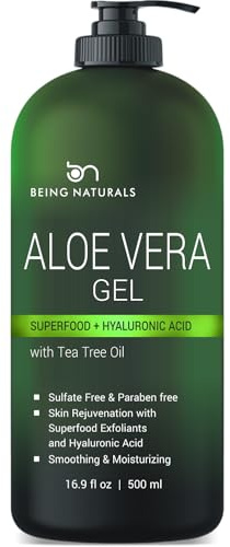 Being Naturals Aloe vera Gel - from 100% Pure Organic Aloe - Natural Raw Moisturizer for Face, Body, Hair. Perfect for Sunburn, Acne, Razor Bumps 16.9 fl oz (Tea Tree, Superfood, Hyaluronic Acid)