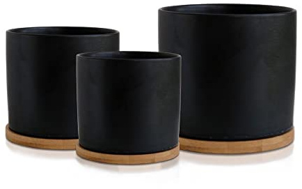 Olly & Rose Set di 3 vasi per piante in ceramica con sottobicchieri in bambù per interni, vaso bianco, vasi da fiori in ceramica per esterni, grandi, medi, piccoli con piattini