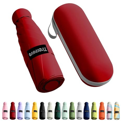 Trenovo Reise-Mini-Regenschirm, faltbar, kompakt, mit Etui, 8 Rippen, leicht, tragbar, kleiner Sonnen- und Regentaschenschirm für Mädchen und Frauen, Weinrot, 18 cm