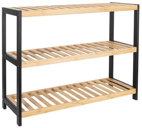 Vencier Bamboo Shoe Rack Natural – Easy Assembly & Strong Design Stand Shelf Organizer Ideal for Corridor, Bedroom, Bathroom, Hallway & Small Spaces, Large Capacity (Natural/Black, 3 Tier)