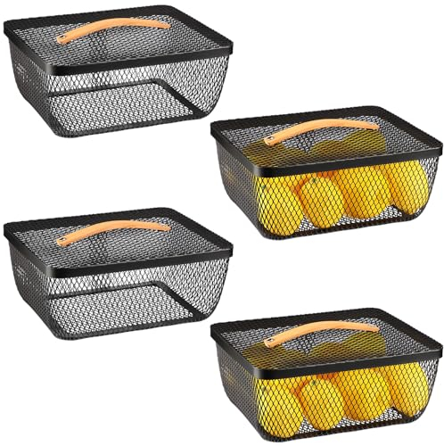 Tandefio Lot de 4 paniers de rangement en maille métallique avec couvercle et poignée en bois de 24 x 20 cm pour légumes, fruits, pique-nique, cuisine, salle de bain (noir)
