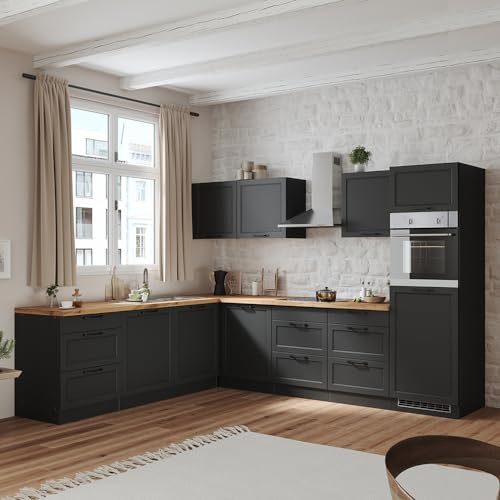 Lomadox Winkelküche Küche Einbauküche Küchenzeile L-Form 300/240 cm mit E-Geräten in grau, Arbeitsplatte in Eiche, inkl. Dunstabzugshaube, Herd, Backofen, Geschirrspüler