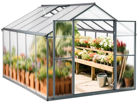 Euboer Gewächshaus Aluminium mit 302 x 238cm Fundament 4mm Platten gartengewächshäuser groß Treibhaus Winterfest Frühbeet Aufzucht 11,70m³ Doppeltür Grau