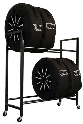 PROREGAL Reifenregal CARRERO auf Rollen HxBxT 115x111x40cm, bis zu 8 Reifen auf 2 Ebenen, Schwarz, Werkstattregal, Lagerregal, Kellerregal